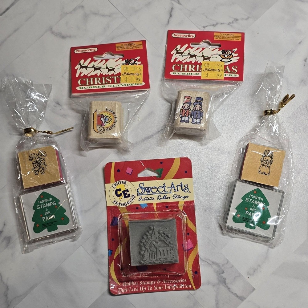 Vtg 1990s Lot of 5 Christmas Rubber Stamps NEW Angel Church Toy Soldiers Candle+